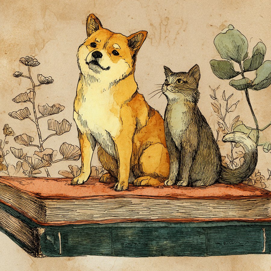 ノートの上に並んで座る犬と猫のイラスト