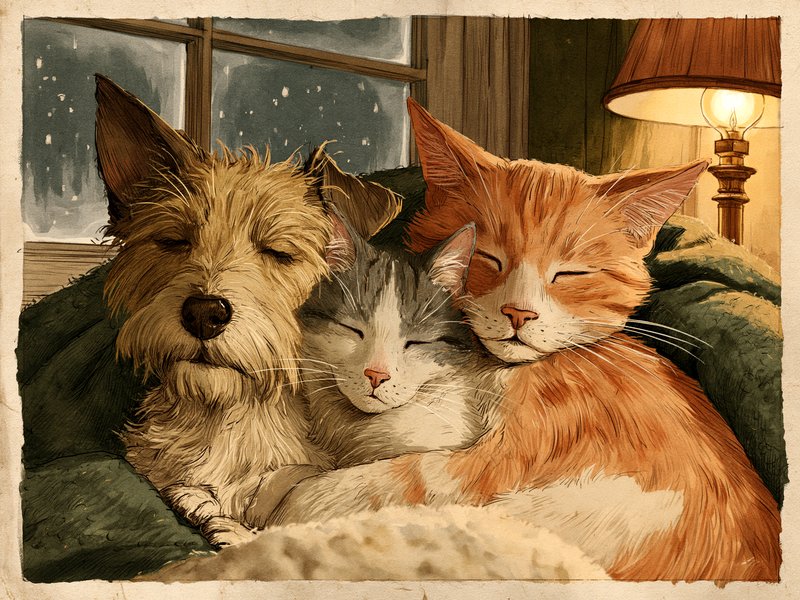 暖かい毛布にくるまる犬と猫のイラスト