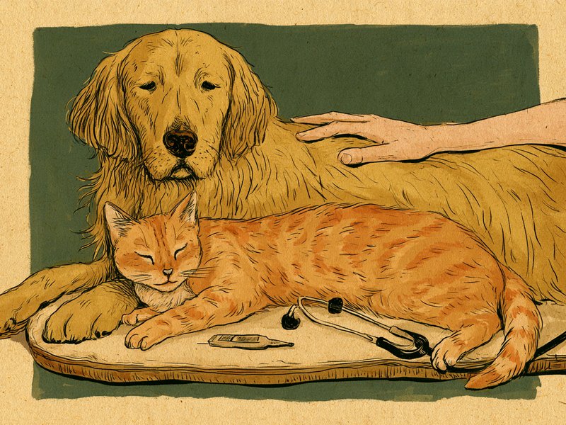 診察台の上で心配そうな飼い主に見守られる犬と猫のイラスト