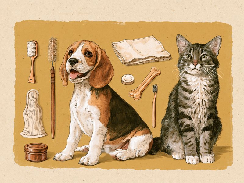 図鑑風のイラスト。犬と猫のそばに、歯ブラシ、指に巻くガーゼ、ジェルの小さな容器、骨型のデンタルガムが並んでいる。
