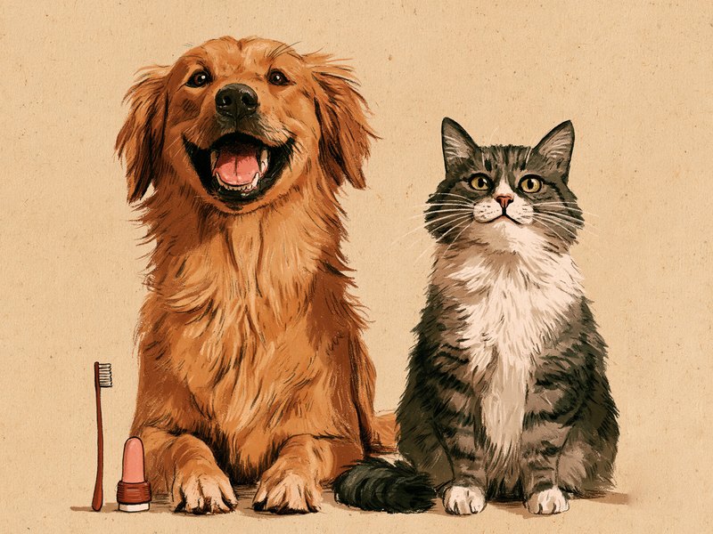 並んで座る笑顔の犬と猫のそばに、歯ブラシと指サック型の歯ブラシが置かれたイラスト