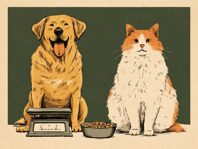 体重計とフードの器のそばに座る、ふっくらとした健康そうな犬と猫のイラスト