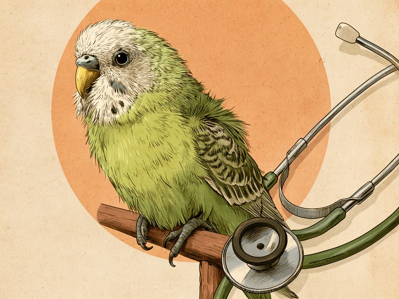 止まり木の上で羽を膨らませてじっとしている、体調が優れなさそうなインコのイラスト