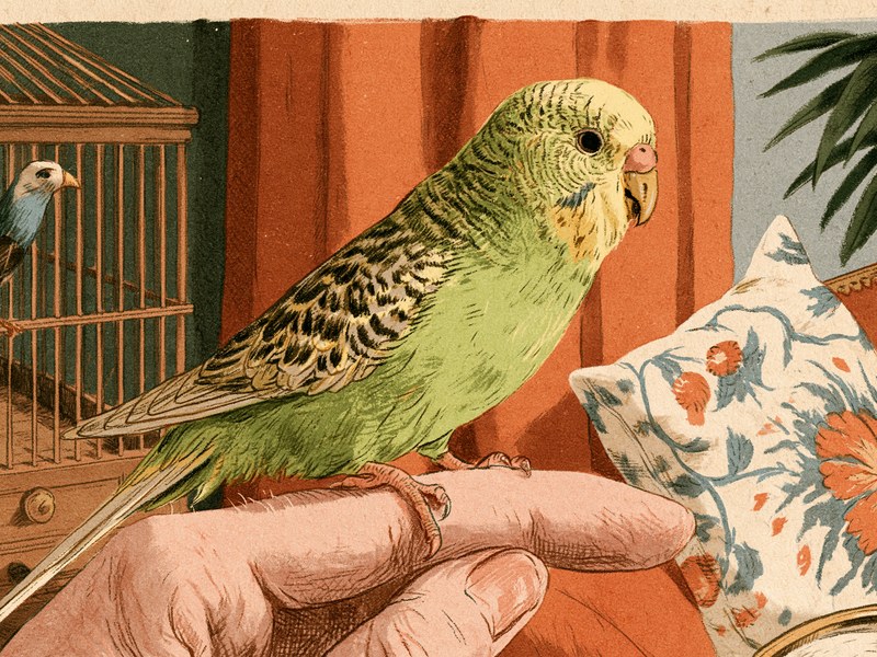 観葉植物のそばのケージの外に出て、飼い主の指にとまってくつろぐセキセイインコのイラスト