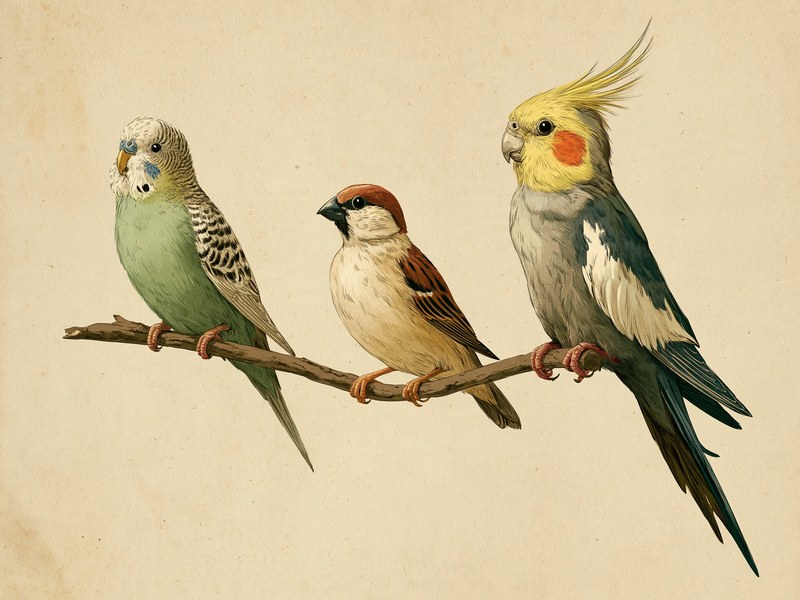 止まり木に並んだセキセイインコ・文鳥・オカメインコなど、大きさや色の異なる飼い鳥たちのイラスト