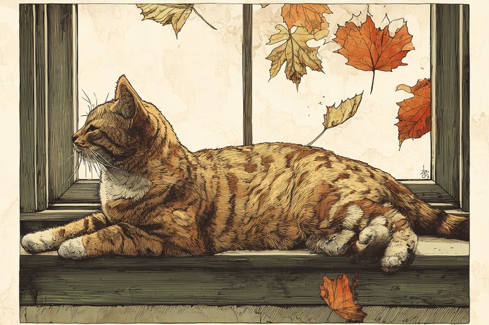 満腹そうに伸びをする猫と落ち葉のイラスト