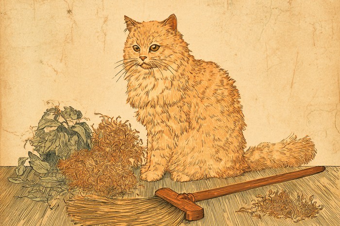 ブラシと抜け毛のそばに座る、ふわふわの猫のイラスト