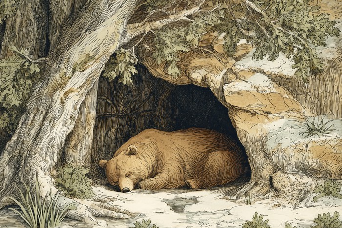 早春の森の巣穴で眠るクマのイラスト